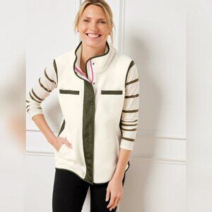 T by Talbots Cozy Sherpa Vest Ivory with Brown & Pink Trim Women's Size S